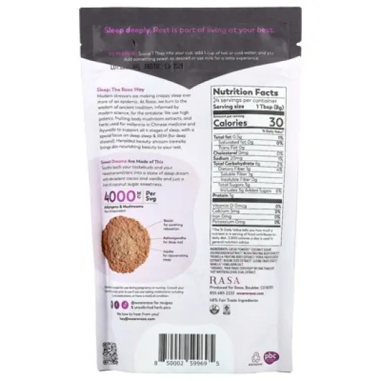 Rasa Adaptogen & Mushroom Sleep Blend, Instant, Deep Dream Cacao, 6.77 oz (192 g) image {1}