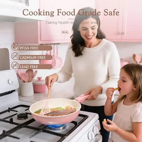 Itopfox 21-Piece Nonstick Pots and Pans Set with Removable Handles, Ceramic Cookware for RV Kitchen, Induction Compatible, Stackable Design, Pink image {8}