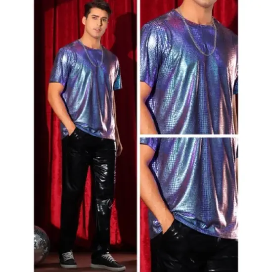 Lars Amadeus Men's Short Sleeves Metallic Animal Printed Disco Party Tee Shirts Purple Blue Medium image {4}