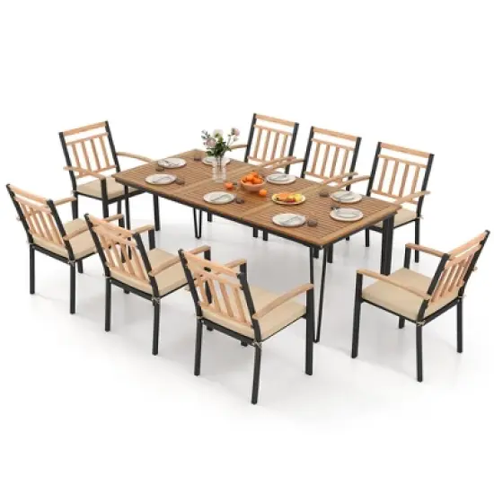 Tangkula 9 PCS Patio Dining Set w/ Rectangular Acacia Wood Dining Table 8 Cushioned Chairs image {6}
