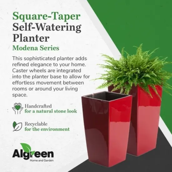 Algreen Modena 22-Inch Tall Inside/Outside Self-Watering Square Decorative Planter Pot with Wheels, Glossy Red image {3}