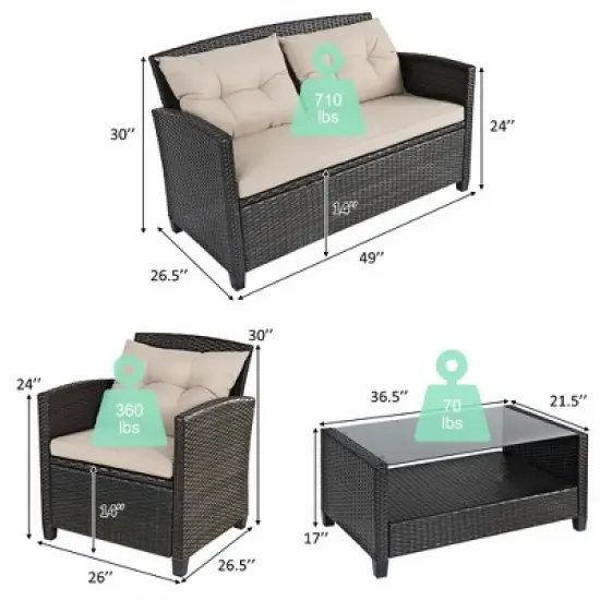 Costway 4PCS Outdoor Rattan Furniture Set Cushioned Sofa Armrest Chair Lower Shelf Brown image {2}