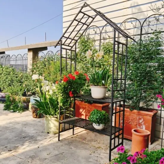 Chery Life Metal Garden Arch with Gate with planter, Climbing Plants Support Rose Arch Outdoor Black image {9}