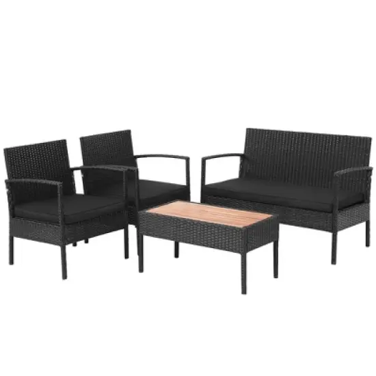 Costway 4PCS Patio Rattan Furniture Set Cushioned Chair Wooden Tabletop Black image {8}