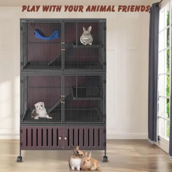 60" 5-Tier Ferret Cage, Multi-Level Chinchilla Cage with Lockable Doors, Ramps, Hammock, Wheels, Storage Cabinet, Small Animal Habitat image {7}