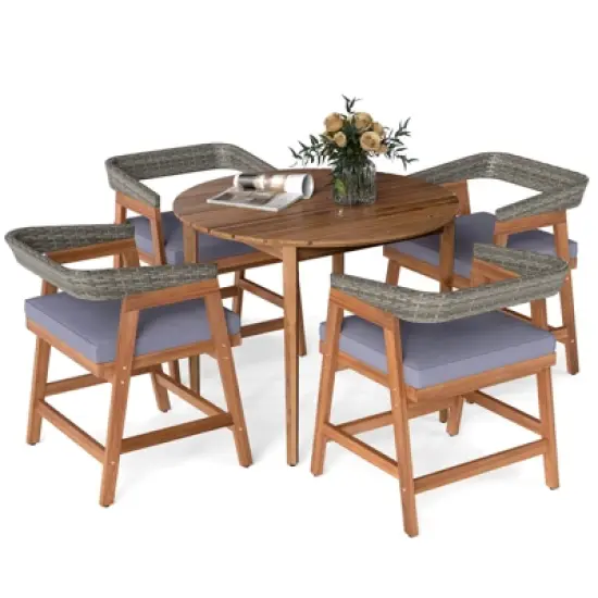 Costway 5 Piece Patio Dining Set Outdoor Solid Wood Furniture with Rattan Backrest image {1}