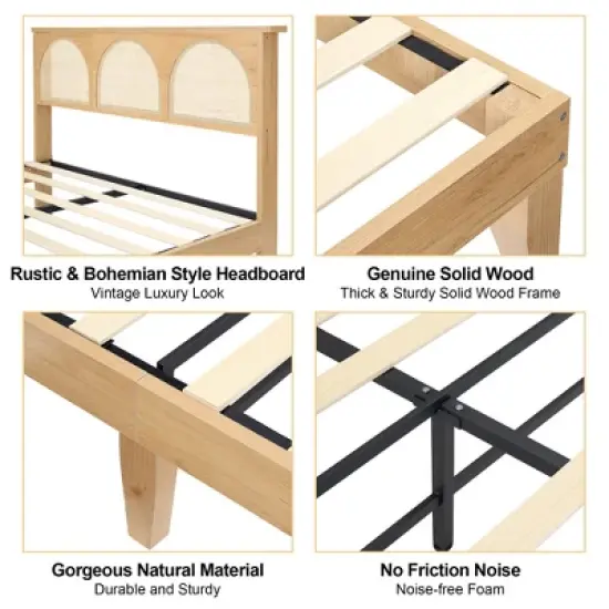 Bed Frame With Natural Rattan Headboard, Boho Wooden Platform Bed With Strong Wooden Slats, Noise-Free, No Box Spring Needed, Arch image {6}