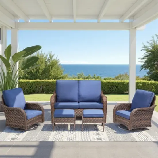 Buenhomino 5 Piece Patio Furniture Set, Wicker Patio Conversation Sets with Swivel Chairs, Outdoor Loveseat Sofa Sets with 2 Ottomans for Backyard image {10}