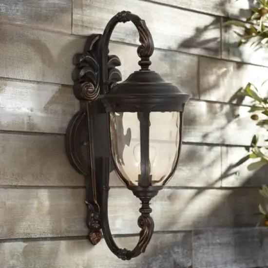 John Timberland Bellagio Vintage Rustic Outdoor Wall Light Fixture Veranda Bronze 26" Amber Hammered Glass for Post Exterior Barn Deck House Porch image {1}