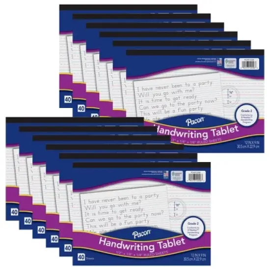 Pacon&reg; Handwriting Tablet, White, 1/2 in x 1/4 in x 1/4 in Ruled Long, 12" x 9", 40 Sheets, Pack of 12 image {5}