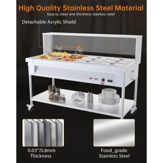 Commercial Food Warmer - 1500W Electric Steam Table with Acrylic Guard, 12-Pan Stainless Steel, (110V) image {1}