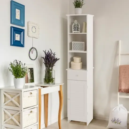 Costway Bathroom Tall Storage Cabinet Freestanding Linen Tower w/ Open Shelves & Drawer image {2}