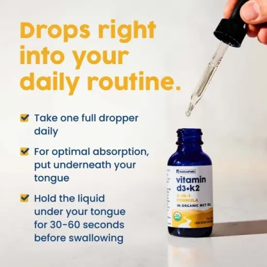 NativePath Vitamin D3+K2 - 1000IU with Organic MCT Oil, 1 Fl Oz, 30 Servings image {6}