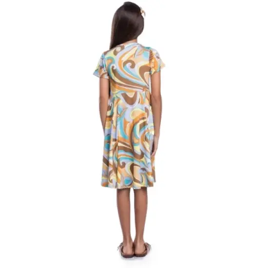 24seven Comfort Apparel Girls Yellow Print Knee Length Short Sleeve Flowy Dress image {2}