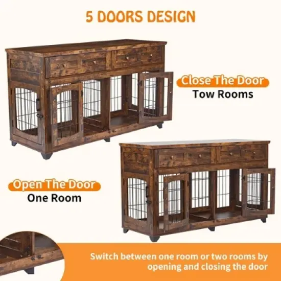 Dog Crate Furniture with 5 Doors, 58" Wooden Dog Kennel End Table with Large Capacity Drawers, Dog House with Openable Divider image {4}