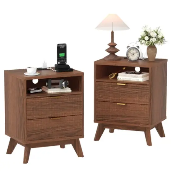 Modern Bedroom Nightstand With 2 Drawers, Wooden Sofa Side Table with Storage, Accent Bedside Table for Small Space, Narrow End Table image {8}