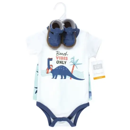 Hudson Baby Infant Boy Cotton Bodysuit, Shorts and Shoe Set, Beach Dino image {1}