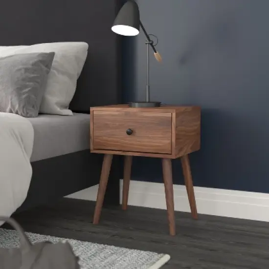 Flash Furniture Hatfield Mid-Century Modern One Drawer Wood Nightstand, Side Accent or End Table with Soft Close Storage Drawer, Dark Walnut image {2}