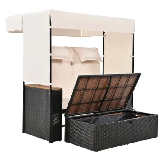 2-Piece Outdoor Patio Rattan Canopy Daybed Sunbed with 5 Positions Adjustable Backrest and Storage Bench image {7}