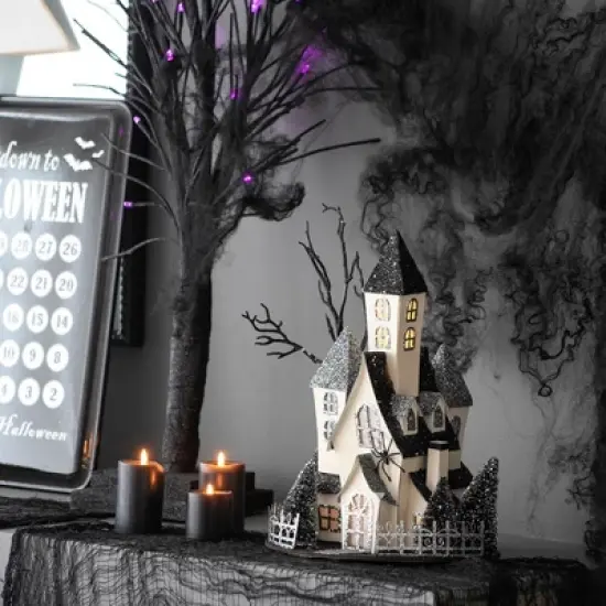 Whisen Halloween Cardboard Haunted House Decor with LED Lights, Battery Powered - Beige & Black image {1}