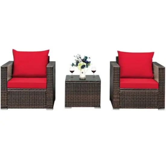 Costway 3PCS Patio Rattan Furniture Set Conversation Sofa Cushioned Turquoise\Red image {8}