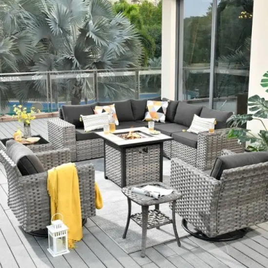 Marlton 10pc Wicker Outdoor Fire Pit Patio Furniture Set Conversation Sofa with Swivel Chairs and Cushions image {17}