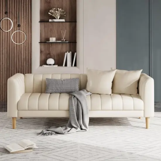 Faux Leather Sofa Couch, Modern 78" W Sofa with Deep Seats, 3 Seater Sofa Couch with 2 Throw Pillows and Wood Legs image {2}