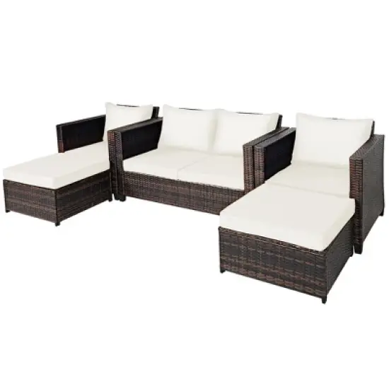 Costway 5PCS Patio Rattan Furniture Set Loveseat Sofa Ottoman Cushioned Red\White image {8}