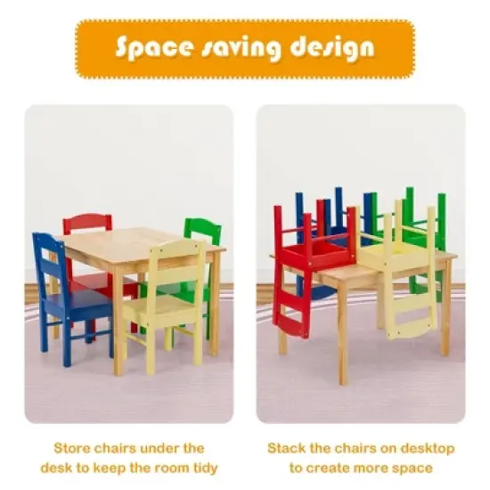 Costway Kids 5 Piece Table Chair Set Pine Wood Multicolor Children Play Room Furniture image {7}
