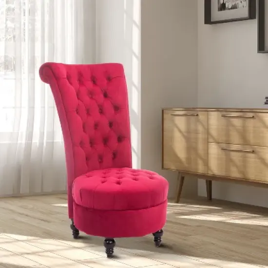 HOMCOM High Back Accent Chair, Upholstered Armless Chair, Retro Button-Tufted Royal Design with Thick Padding and Rubberwood Leg, Crimson Red image {2}