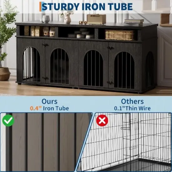Garvee Double Dog Crate Furniture 71 in Dog Kennel Furniture for 2 Medium Dogs, Heavy Duty Dogs Cage XL  with 3 Storage Shelves and 8 Adjustable Feet image {2}