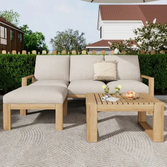 FIONECA 3-Piece Outdoor Acacia Wood Sectional Sofa Set with Cushions image {10}