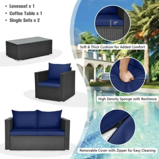 Costway 4 PCS Patio Rattan Furniture Set Cushioned Sofa Chair Coffee Table Blue/Red image {5}