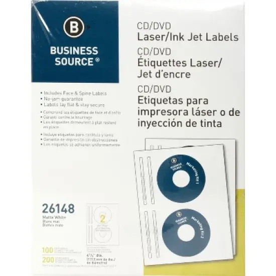 Business Source CD/DVD Labels Laser/Inkjet 100/PK White 26148 image {3}