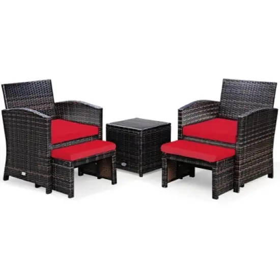 Costway 5PCS Patio Rattan Wicker Furniture Set Sofa Ottoman W/ Cushions Red image {8}