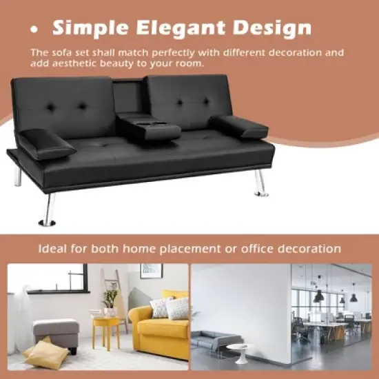 Costway Convertible Folding Futon Sofa Bed Leather w/Cup Holders&Armrests White\Black\Brown image {4}