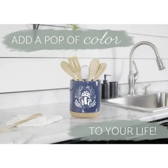 Elanze Designs 8 inch Floral Mushroom Leaf Large Ceramic Kitchen Utensil Holder Navy Blue and White Crock with Cork Base image {4}