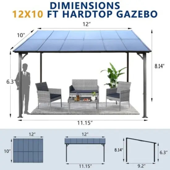 Sevobal Patio Umbrellas Outdoor Pergola Gazebo, Wall-Mounted Lean To Metal Awning Gazebo With Roof, Large Heavy Duty, Gray, 144"*120"*97.68" image {2}