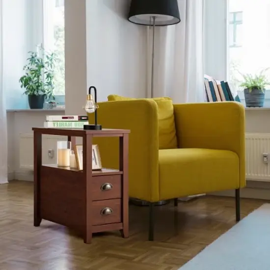 Tangkula Retro Wooden Side End Table Rectangular Nightstand with 2 Drawers and Shelf Coffee/Brown image {1}