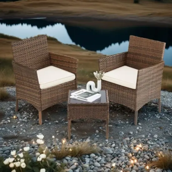 INFURNIC Patio Dining Sets Set 3 Pieces Patio Furniture, Outdoor with Glass Table, Wicker Rattan Patio Chair for Garden, Terrace, Brown, 23"*22"*31.4" image {5}