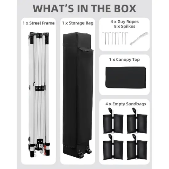 10x10 Pop Up Canopy, Outdoor Tent with Portable Roller Bag & One Button Push Setup, 3 Adjustable Height 4 Weight Bags 8 Stakes 4 Guy Ropes image {8}