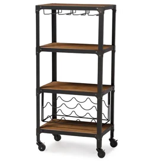 Swanson Rustic Industrial Style Antique Black & Metal Distressed Wood Mobile Kitchen Bar Wine Storage Shelf - Baxton Studio image {4}