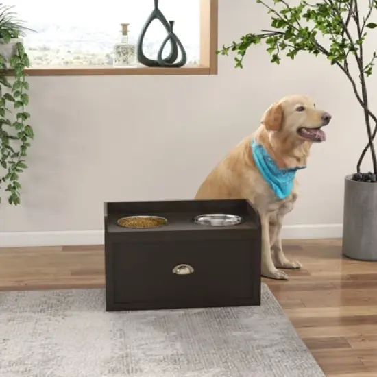 DSVIMOY Large Elevated Dog Bowls with Storage, Raised Dog Bowl Stand, Coffee, 23.5"*11.8"*14.3" image {1}