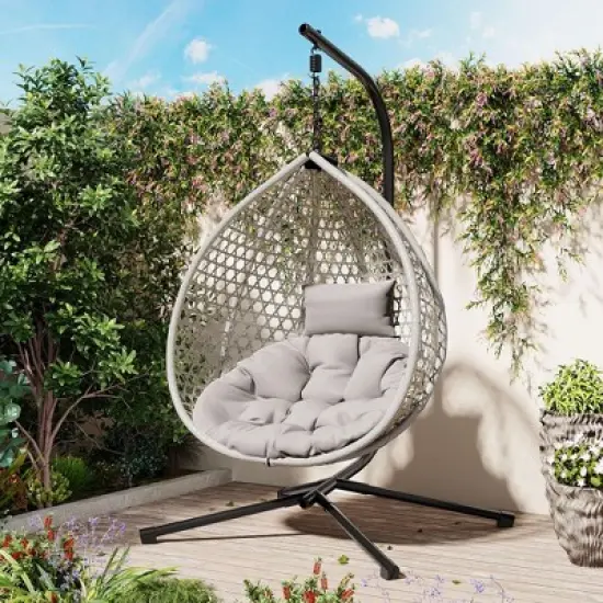 NAYSAYE Patio Swing Hanging Egg Chair with Stand Durable Comfortable Design for Indoor and Outdoor Use, Gray, 42.13"*39"*76.77" image {1}