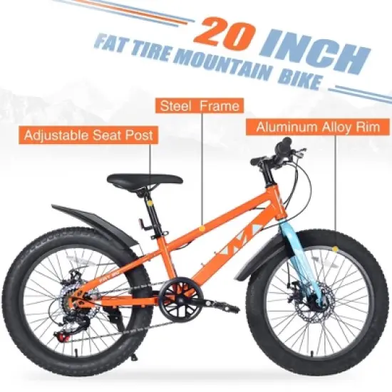 NAYSAYE Bicycle 20 Inch Fat Tire Mountain Bike 7 Speed for Adults Ideal for Beach and Snow, Orange, 55.12"22.83"32.68" image {2}