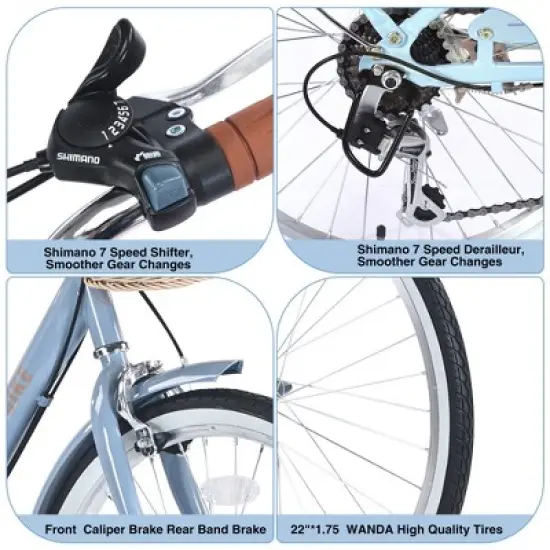 YONWAY 22 Inch Cruiser Bike, 7 Speeds Steel Frame City Bicycle With Front Basket, Front Caliper Brake And Adjustable Seat For Kid And Adult image {4}