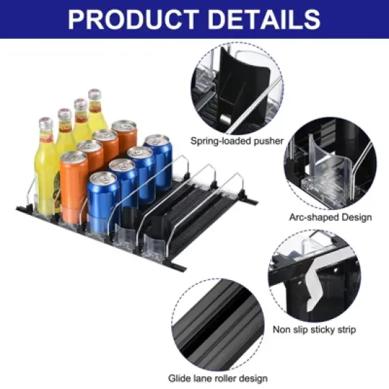 Unique Bargains Refrigerator Self-Pushing Width-Adjustable Beverage Drink Organizer Black image {2}