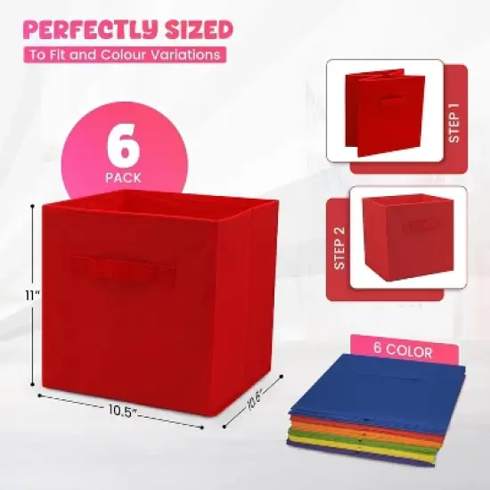 4E's Novelty 6 Packs 11 Inch Rainbow Color Storage Foldable Cube Bins, Colorful Storage Baskets image {2}