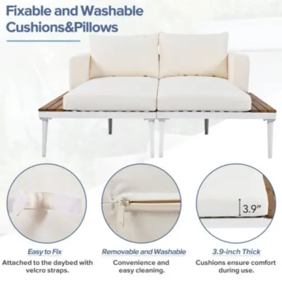 Outdoor Daybed Patio Metal Daybed with Wood Topped Side Spaces for Drinks, 2 in 1 Padded Chaise Lounges for Poolside, Balcony image {1}