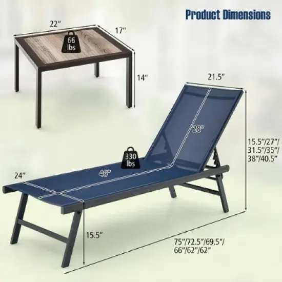 Tangkula 3pcs Patio Chaise Lounge Set Aluminum Recliner Chair Table Outdoor Adjust image {2}
